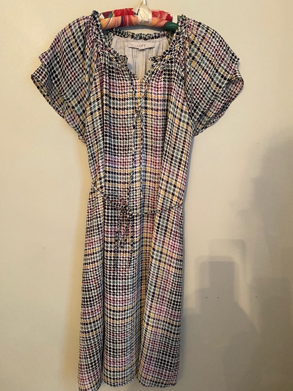 LOFT Printed Tie Waist Dress Size Large Boho Geometric Midi